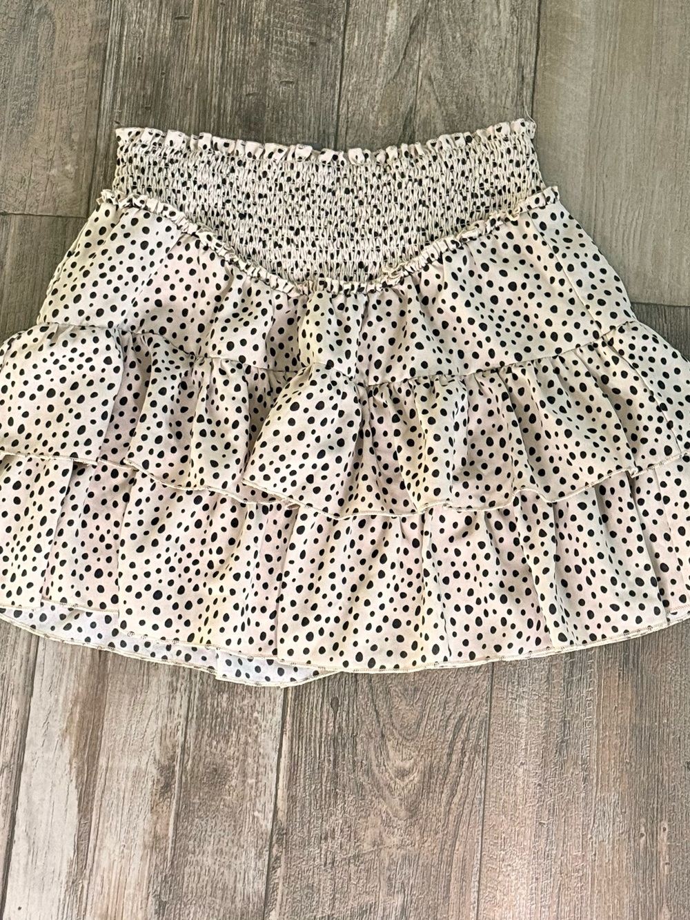 Smocked Tiered Polka Dot Mini Skirt — Cream and Black